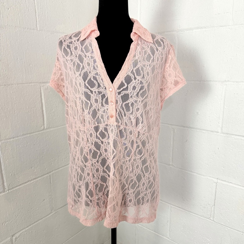 Apt 9 Babydoll Top Pastel Pink Lace Mesh Sheer Y2K Dainty Fairy Romantic SZ L